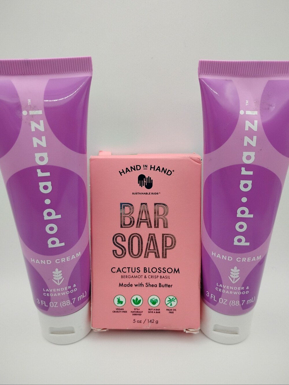 2 pop•arazzi Lavender & Cedarwood Hand Creams & Cactus Blossom Bar Soap